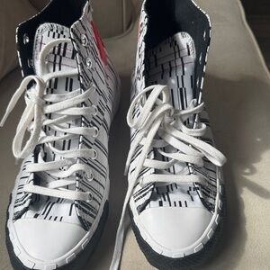 Converse High-Top Sneakers in White, Black with Red Accent
